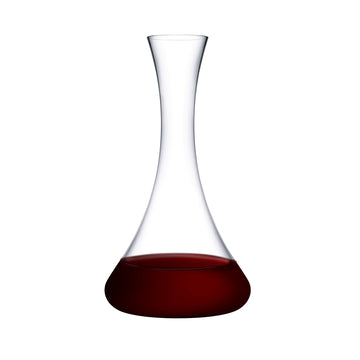 Cone shaped tall wine decanter in lead-free crystal, presented with red wine in it on white background